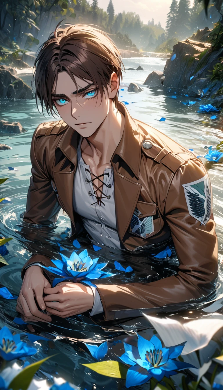 absurdres, highres, ultra detailed, HDR, masterpiece, extremely detailed face and eyes, Eren Yeager, brown hair, expressive turquoise eyes, Shingeki No Kyojin, solo, sexy man, very handsome, water, blue lilies, petals, butterflies, brown jacket, white pants