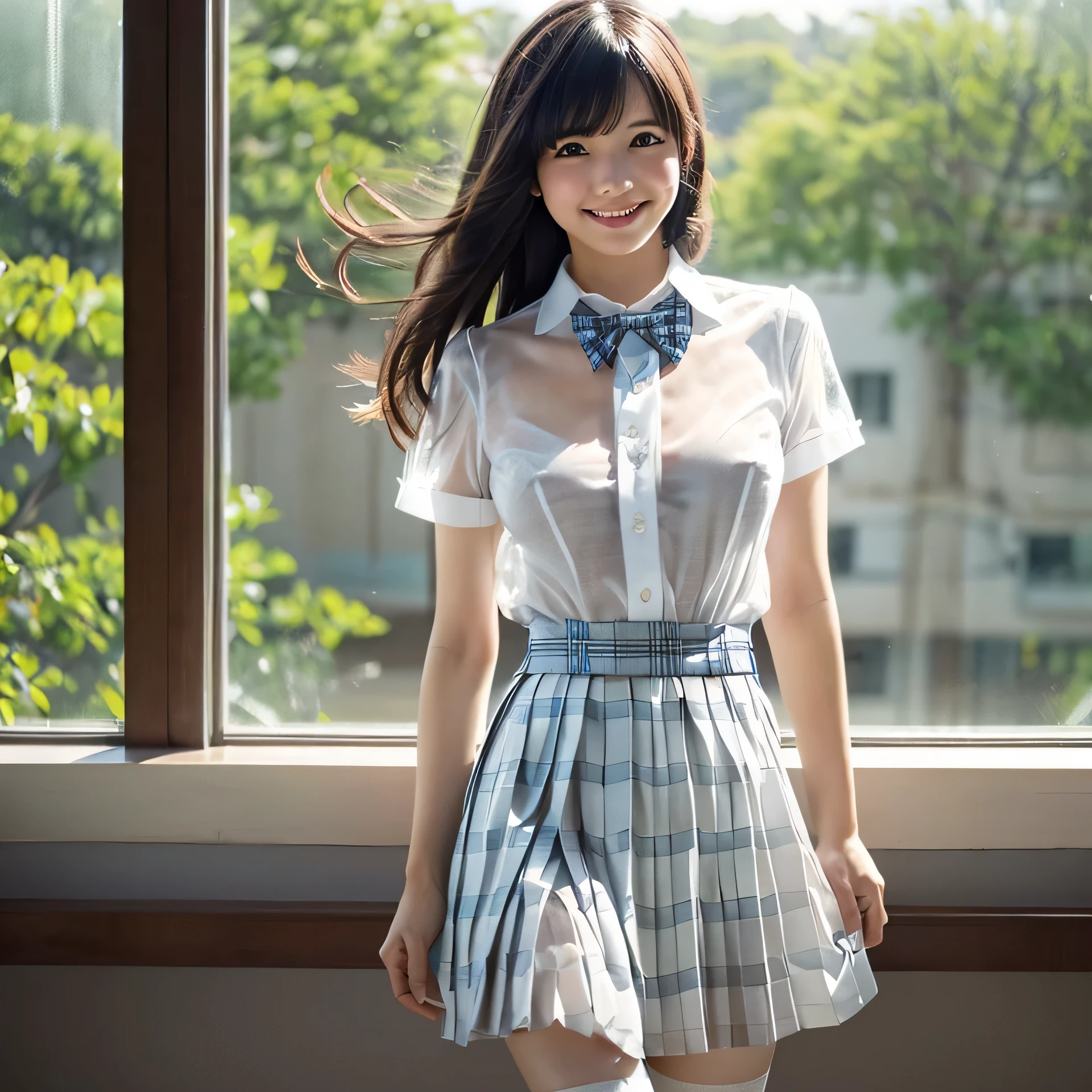 masutepiece:1.2, top-quality), (Realistic, Photorealistic:1.4), Beautiful illustration, view the viewer, full body Esbian, Front view, 1 girl, Japanese, High School Girl, (semi long hair:1.5), blown hair, Bangs, hair between eye, Large breasts:0.9, Beautiful hair, Beautiful face, Beautiful detailed eyes, Beautiful collarbone, Beautiful body, beautiful boob, beautiful thigh, Beautiful legs, Beautiful fingers, (Beautiful scenery), School, (((Collared shirt, (see-through:1.3),White shirt, Grey checked pleated skirt, Blue plaid bow tie)), White panties, Standing, Walking, Smile)))
