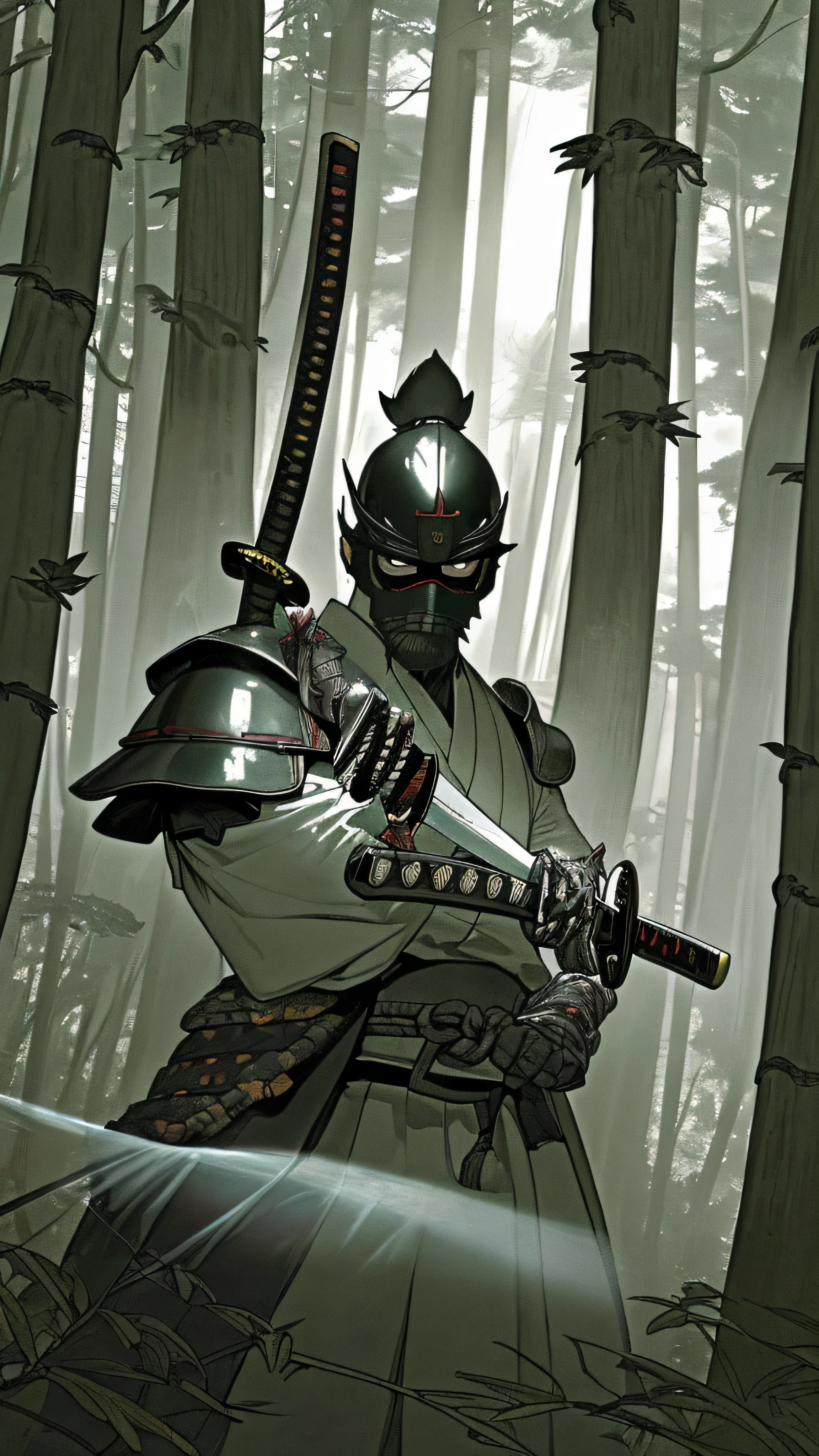 A Japanese samurai in a dense and mysterious forest, clad in detailed armor, holding a katana amidst fog and rays of light filtering through the trees, creating an atmosphere of suspense and determination.