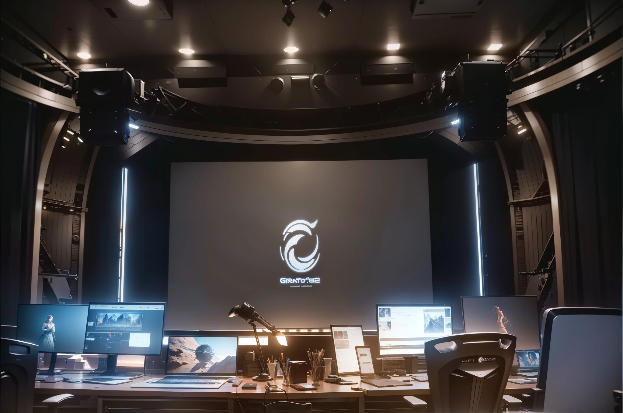 There are three computers and a laptop on the table in the room, in a grand studio, Film studio shooting, Shot of theater stage, 8K post-production, 8k post production, film accent lighting, in epic, 8k post production, 8K Post-production, Studio 4K quality, Disney Weta 8K, photo of cinema screen