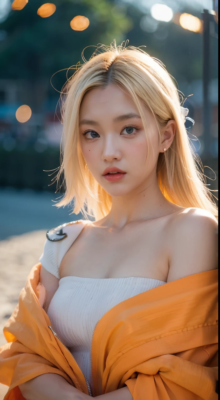 Uchiha Uzumaki Naruto super realistic,detail-rich,super short blonde,(Off-the-shoulder attire:1.3),orange clothes,forehead,one-girl,Large breasts,LOP,face flushed,Best quality at best,tmasterpiece, Johnny Depp walks across the beach amid fireflies at night,lock focus, contrasty lighting, delicate skin, High resolution 8K, insanely details, realistically, professional photoshooting, 8k ultra high definition, SLR camera, gentlesoftlighting, high high quality, filmgrain, Fuji XT3,close your mouth,particle effect