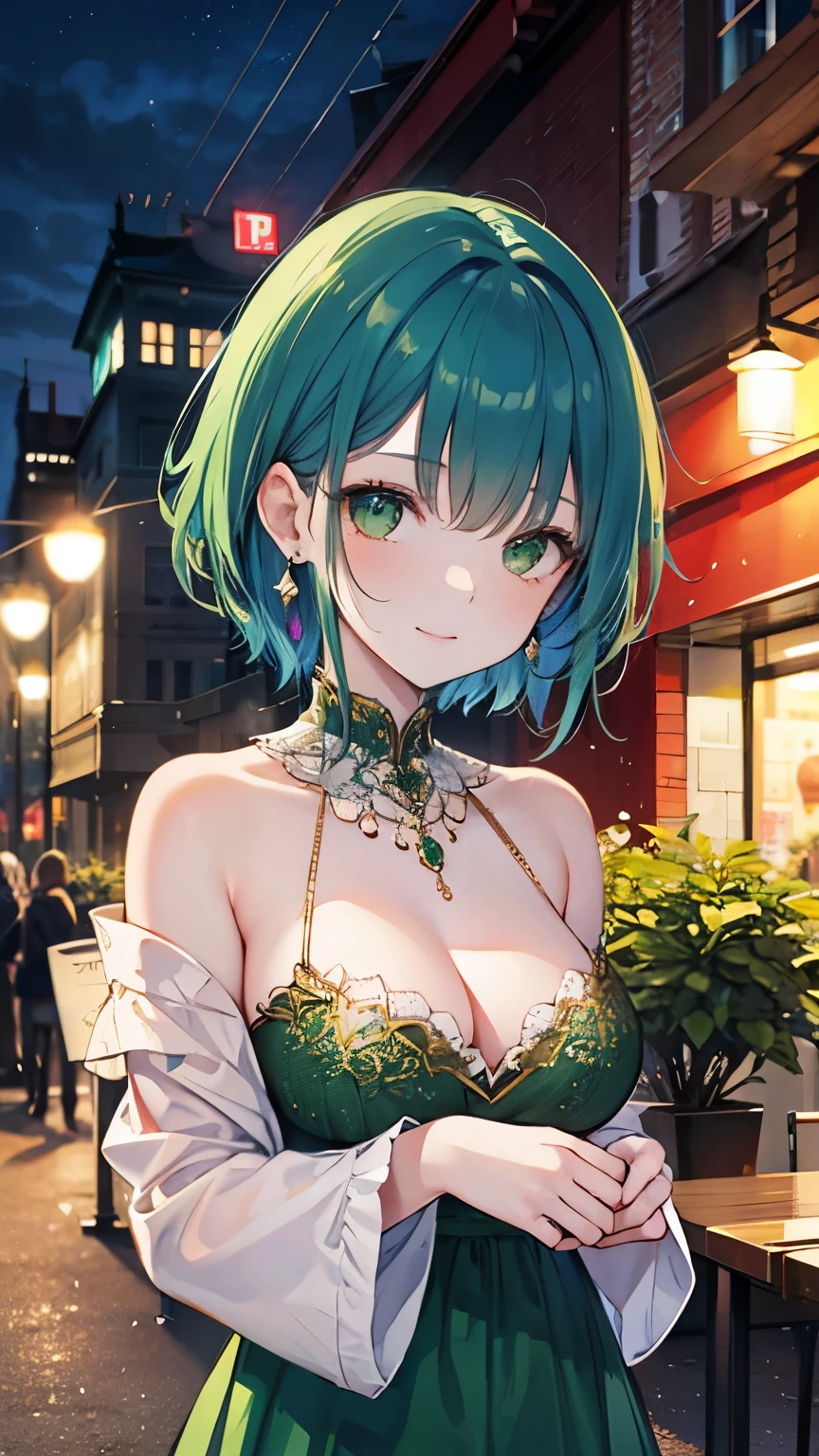 ((best quality)), ((masterpiece)), (detailed), perfect face, (best quality), (detailed skin:1.3), (intricate details), party, ball gown, ((green dress)), plunging neckline, green emerald necklace, earrings, bewitching smile, (short hair, blue hair), terrace seats at night