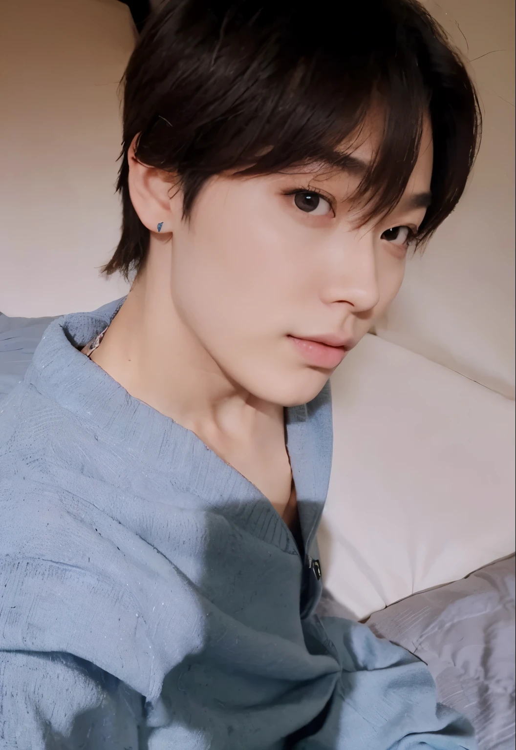 un primer plano de una persona acostada en una cama con un control remoto, delicate androgynous prince, pale korean adorable face, selfie of a cute young adult asian korean, labios carnosos, ambar eyes, ojos rasgados, pelo negro y liso, kim Sunoo, Sunoo do enhypen, Sunoo, marked clavicle, sueter azul