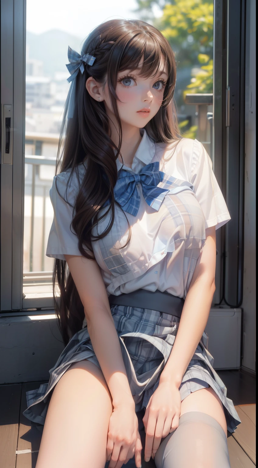 (masterpiece:1.2, highest quality), (Realistic, photoRealistic:1.4), Beautiful illustrations,
Looking at the audience, whole body, Front view:0.6,
gallons of 1, Japanese, high School girl, (Long Hair:1.5), Hair fluttering, (Half Up, Half Updo), bangs, Hair between the eyes, Big Breasts:0.8,
Beautiful Hair, Beautiful Face, Beautiful and beautiful eyes, Beautiful clavicle, Beautiful body, Beautiful Big Breasts, Beautiful thighs, Beautiful feet, Beautiful fingers,
(Beautiful views), , School,
((Collared short-sleeved shirt, White shirt, , Grey plaid pleated skirt, Blue checked bow tie)), White panties,
(Are standing, , Roll up your skirt, Grab the hem of the skirt, please put your hand on your chest, Put your hands between your legs),
blush, , Second dimension beautiful girl