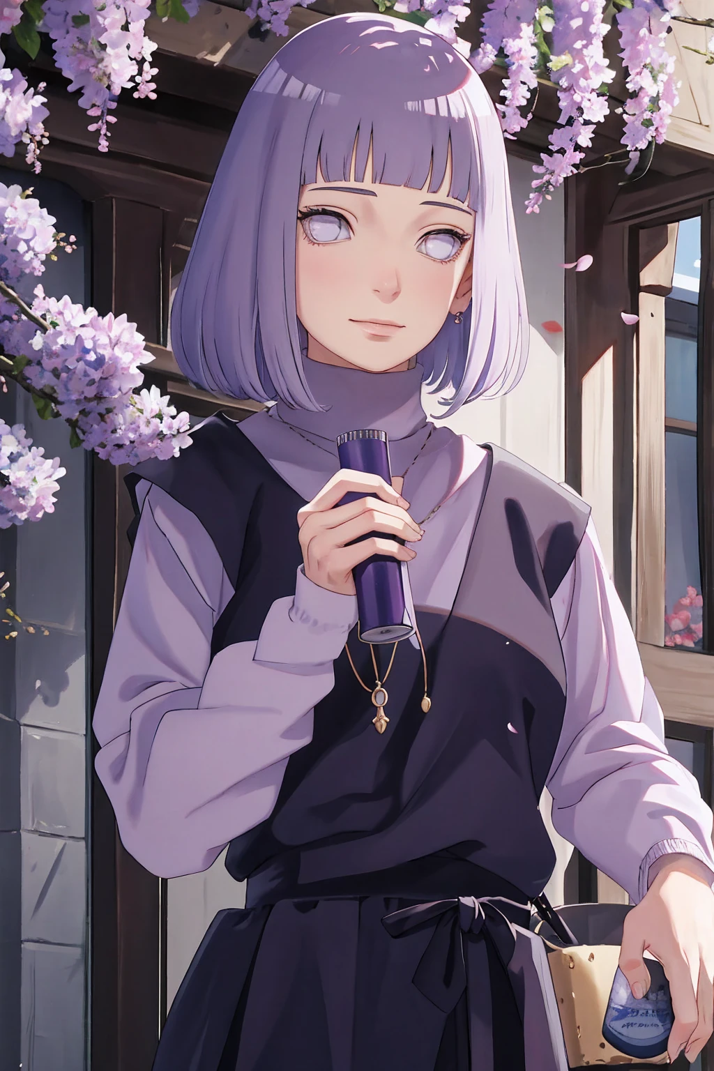 Meisterwerk, absurdres, Hinata\(Boruto\), 1girls, nur,reifes Weibchen, lila Kapuzenpullover,layered sleeves, braune Hose, al fresco,Lavendelblütenfeld, Blick auf den Betrachter, (falling petals), overcast sky, Perfekte Komposition, Detaillierte Lippen, large chest, Beautiful face, Body Propotion, flush, (rosa Lippen), Lange Haare, lila Augen, Sanfter Blick, sad smile, Super realistisch, Detailliert, Fotoshooting, Realistic face and body, Realistisches Haar, Realistische Augen, realistische Nase, Realistische Lippen