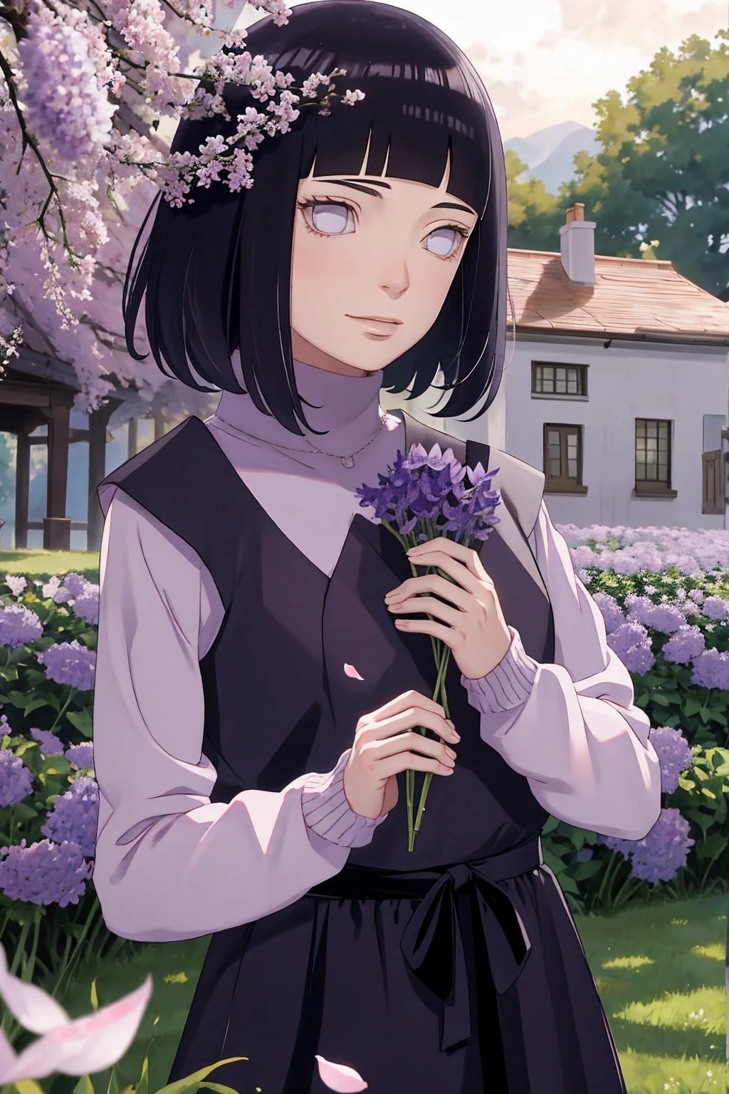 Meisterwerk, absurdres, Hinata\(Boruto\), 1girls, nur,reifes Weibchen, lila Kapuzenpullover,layered sleeves, braune Hose, al fresco,Lavendelblütenfeld, Blick auf den Betrachter, (falling petals), overcast sky, Perfekte Komposition, Detaillierte Lippen, large chest, Beautiful face, Body Propotion, flush, (rosa Lippen), Lange Haare, lila Augen, Sanfter Blick, sad smile, Super realistisch, Detailliert, Fotoshooting, Realistic face and body, Realistisches Haar, Realistische Augen, realistische Nase, Realistische Lippen
