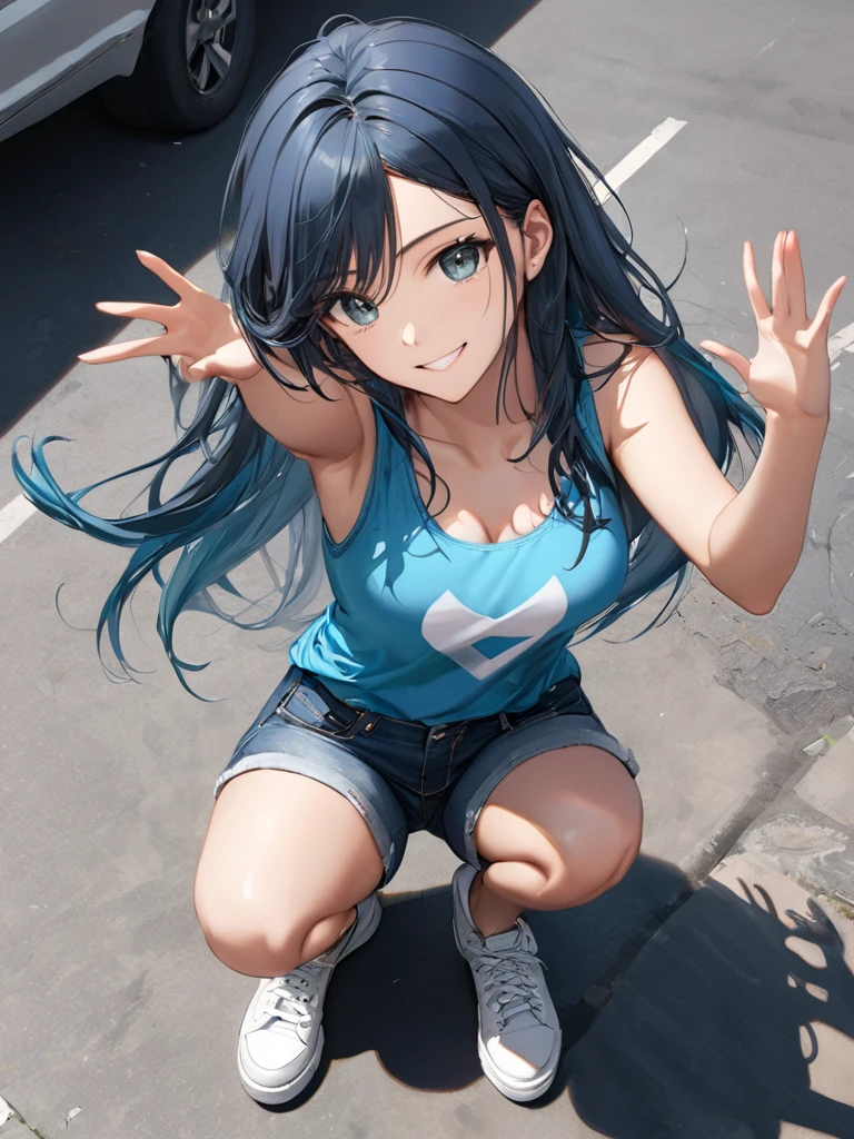 (full body:1.4), from above, (masterpiece:1.3)), (best quality:1.3),(ultra detailed:1.4),(extremely detailed),(absolutely resolution:1.3) ,absurdres,8k, 1girl, grin, ultra detailed eyes, long hair, multicolored hair, tanktops, jeans, squatting, waving hands,