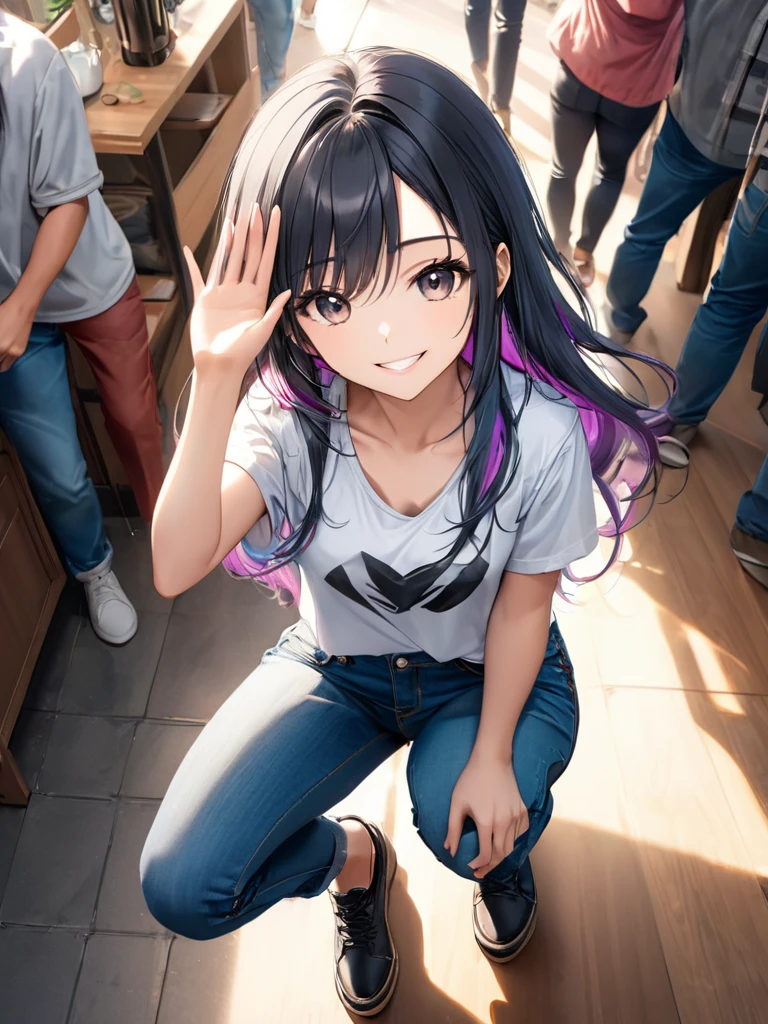 (full body:1.4), from above, (masterpiece:1.3)), (best quality:1.3),(ultra detailed:1.4),(extremely detailed),(absolutely resolution:1.3) ,absurdres,8k, 1girl, grin, ultra detailed eyes, long hair, multicolored hair, tanktops, jeans, squatting, waving hands,
