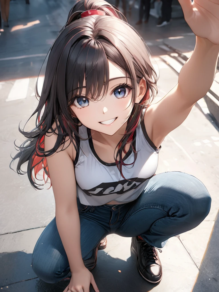 (full body:1.4), from above, (masterpiece:1.3)), (best quality:1.3),(ultra detailed:1.4),(extremely detailed),(absolutely resolution:1.3) ,absurdres,8k, 1girl, grin, ultra detailed eyes, long hair, multicolored hair, tanktops, jeans, squatting, waving hands,