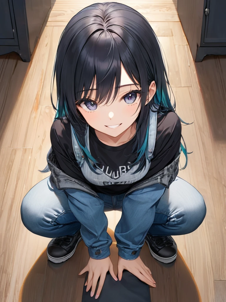 (full body:1.4), from above, (masterpiece:1.3)), (best quality:1.3),(ultra detailed:1.4),(extremely detailed),(absolutely resolution:1.3) ,absurdres,8k, 1girl, grin, ultra detailed eyes, long hair, multicolored hair, tanktops, jeans, squatting, waving hands,