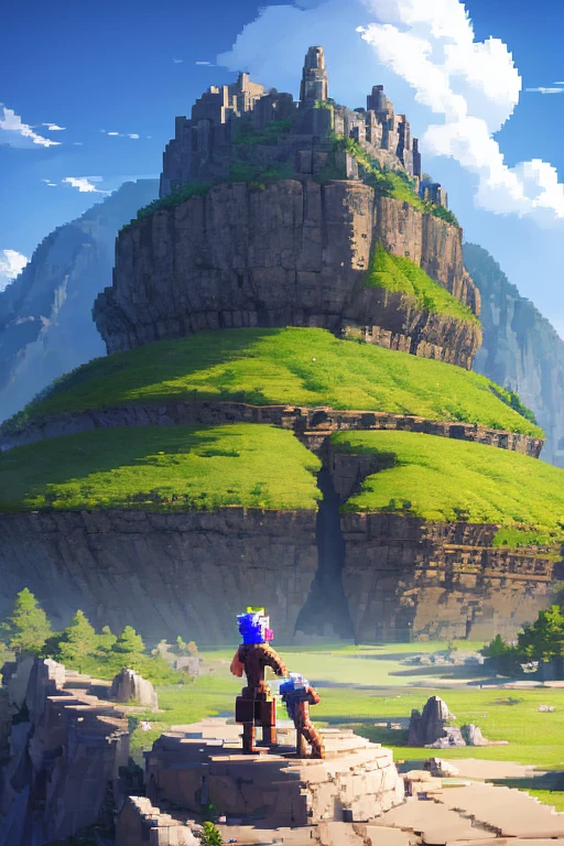 Pixel-art landscape of a side perspective mountain of a femboy with a magical setro