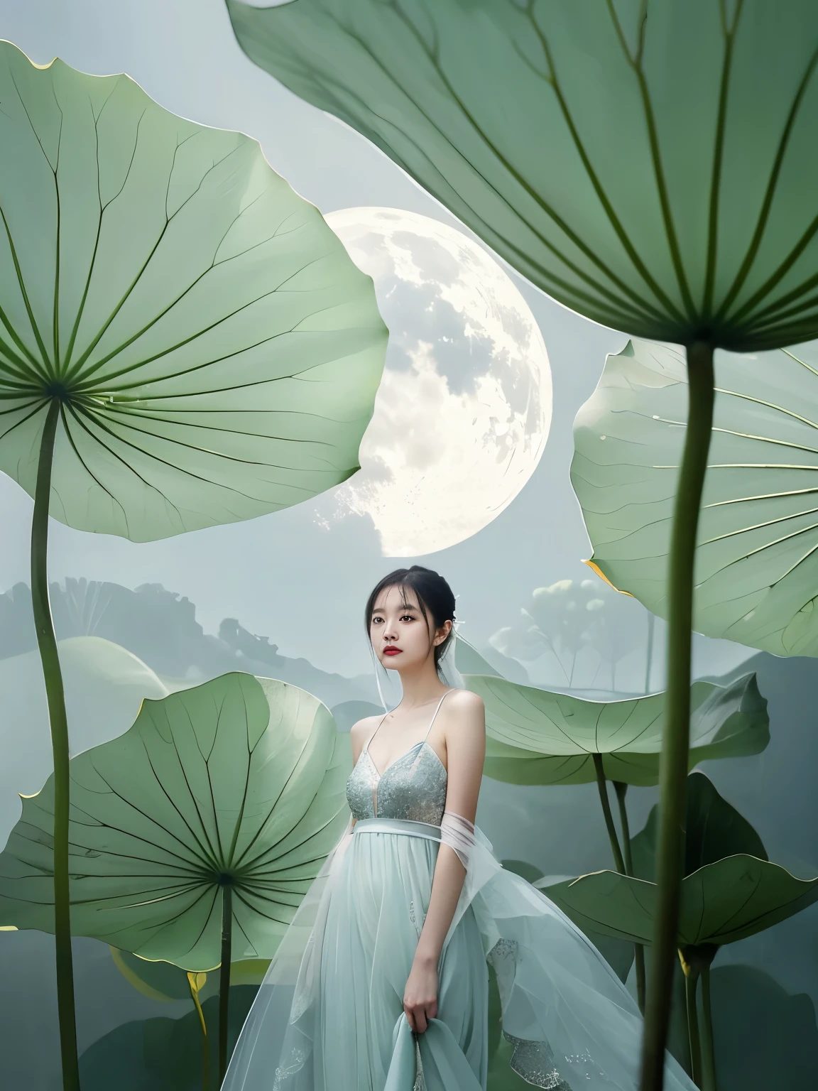 A woman in a dress stands in a lotus field, author:Li Song, author Tan Ting-pho, Get lost in a dreamy fairytale landscape, by Yu Zhiding, Inspired by Ai Xuan, By Fei Danxu, Inspired by Park Jung-kook, Huang Longli, author:helen huang, jingna zhang, by Jin Nong, by Mei Qing