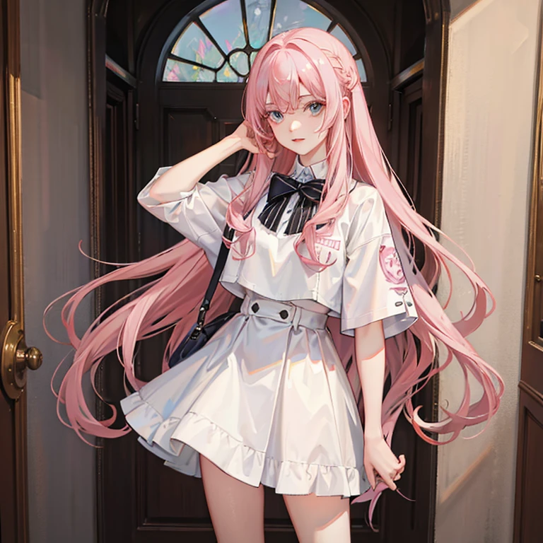 girl, long pink wavy hair, pale skin,British features, dressed in painter's clothes