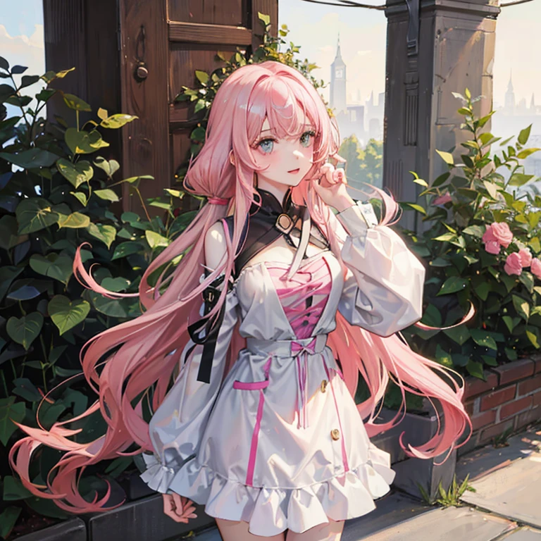 girl, long pink wavy hair, pale skin,British features, dressed in painter's clothes