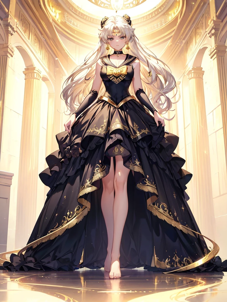 Hyperrealistic photo of a girl in a majestic black and gold ball gown dress,Big beautiful dress, ((Sailor Moon)), Lots of frills and rhinestones、Intricately wavy ball gown (highest quality, Tabletop, Art Station, Fantasy art:1.2), Palace Room, Beautiful cute girl, (Long white hair:1.1), (Intricate short gold skirt, barefoot:1.2, full body shot)