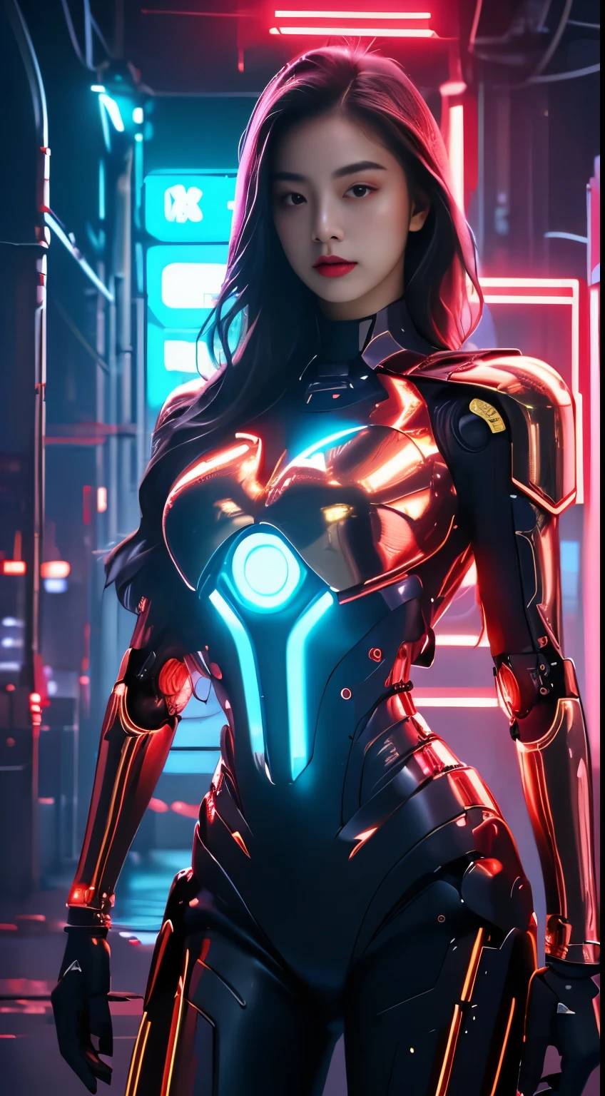 Virtual image,Realistic 8K images,hips up,Masterpiece,Complete Anatomy,Complete dynamic composition,Light hits the front,woman 1,alone,ผมยาวสีน้ำตาลgold,robot,complex machinery,Machines of the future world,Machinery with colorful neon lights,There is a bright neon light on the figure's chest.,Very bright,red machine metallic-white_ titeneim,orange_gold_metal,,,Abstract city background at night