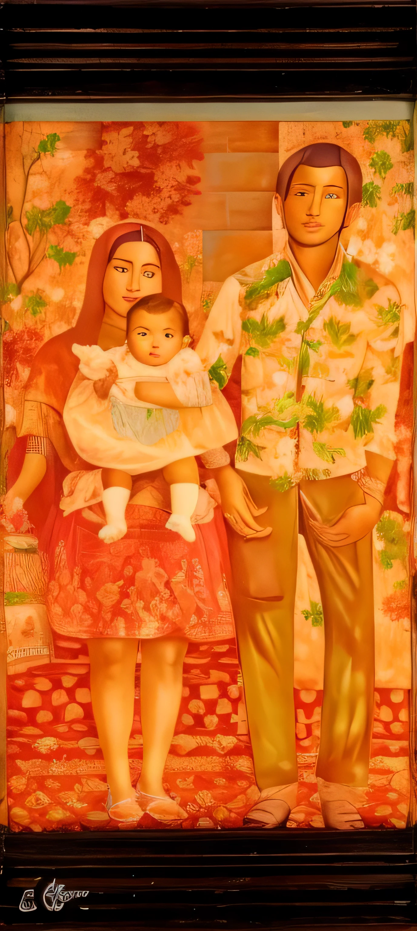 painting of a man and a woman standing with a baby