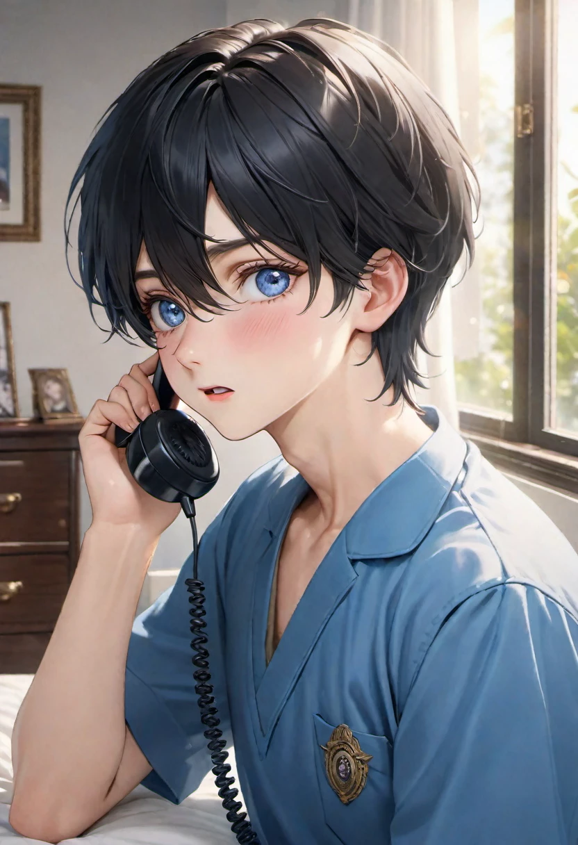(best quality,4k,8k,highres,masterpiece:1.2),ultra-detailed,(realistic,photorealistic,photo-realistic:1.37),anime,boy with black hair,blue eyes,uniform,bedroom,talking on the phone,daytime, vivid colors,bokeh,lighting: soft natural light,surprised expression