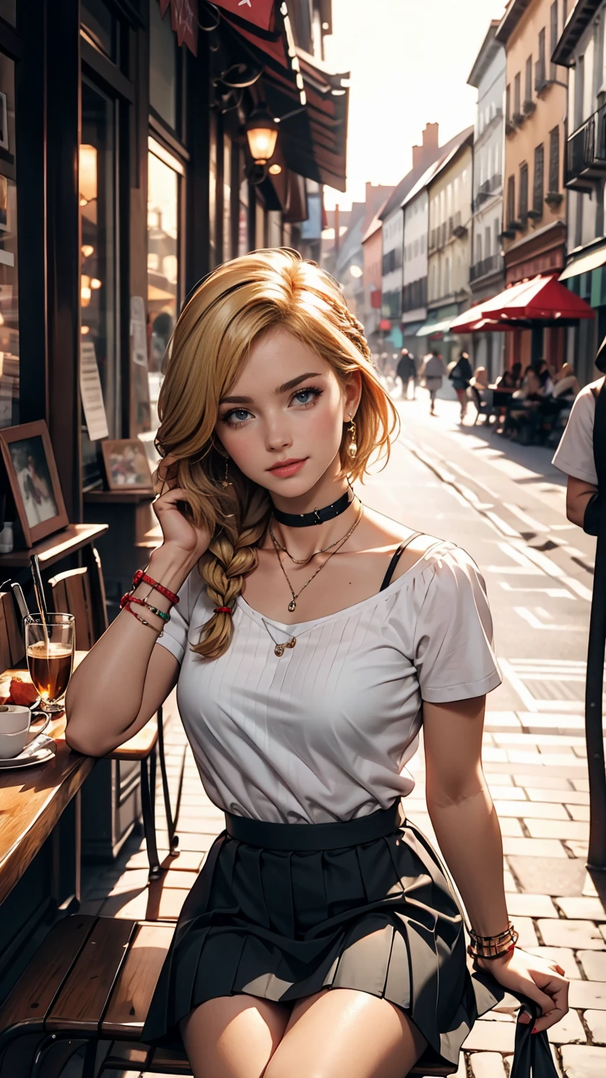 ((最high quality, 8K, masterpiece: 1.3, Ultra HD, high quality, 最high quality, High resolution, realism)) 、A 22-year-old extremely beautiful white woman、Hair color blonde、blue eyeedium Hair、Straight Hair、smile、Slender but well-proportioned body、Background blur((depth of field))、aerial perspective((atmospheric perspective))、I want my head to stay off screen、Wearing accessories on the wrist、Put an anklet on your ankle、Wearing red nail polish、I have a peticure、French style braid((french braid))、Choker Neck((choker neck))Wear a top from、Pleated Skirt((pleats skirt))wear、Drinking coffee at an open-air cafe、Crossing your legs