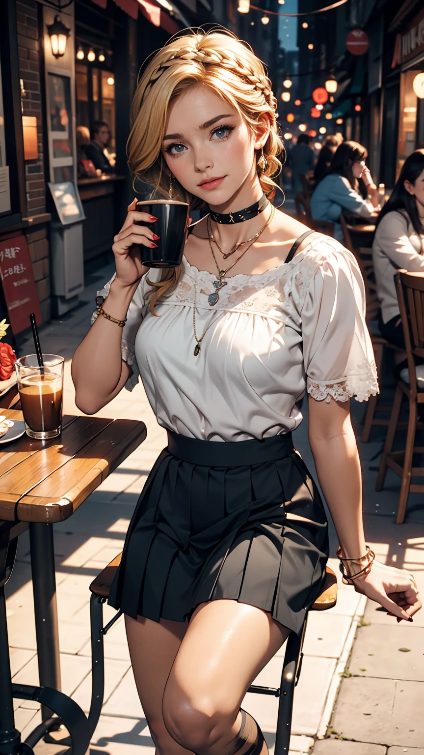 ((最high quality, 8K, masterpiece: 1.3, Ultra HD, high quality, 最high quality, High resolution, realism)) 、A 22-year-old extremely beautiful white woman、Hair color blonde、blue eyeedium Hair、Straight Hair、smile、Slender but well-proportioned body、Background blur((depth of field))、aerial perspective((atmospheric perspective))、I want my head to stay off screen、Wearing accessories on the wrist、Put an anklet on your ankle、Wearing red nail polish、I have a peticure、French style braid((french braid))、Choker Neck((choker neck))Wear a top from、Pleated Skirt((pleats skirt))wear、Drinking coffee at an open-air cafe、Crossing your legs