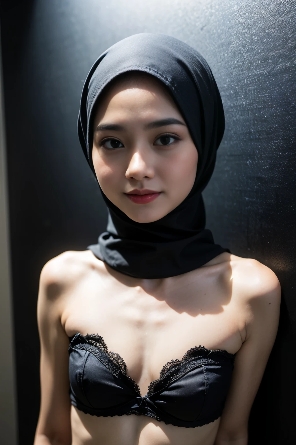(Happy smile), (((HIJAB MALAY GIRL))), masutepiece, High quality, UHD 32K, Realistic face, Realistic skin feeling , A Japanese Lady, , , Very cute and baby-like face, (((FLAT CHEST))), (Night time at forest), ((look In front  at the camera and SADNESS)), ((())), (((CUTE GIRL))), ((RED LIPS)), ((Floral Pattern)) little wearing strapless bra, strapless colorful bra, dark night background , black forest night, horror scary place (from behind up) seductive pose