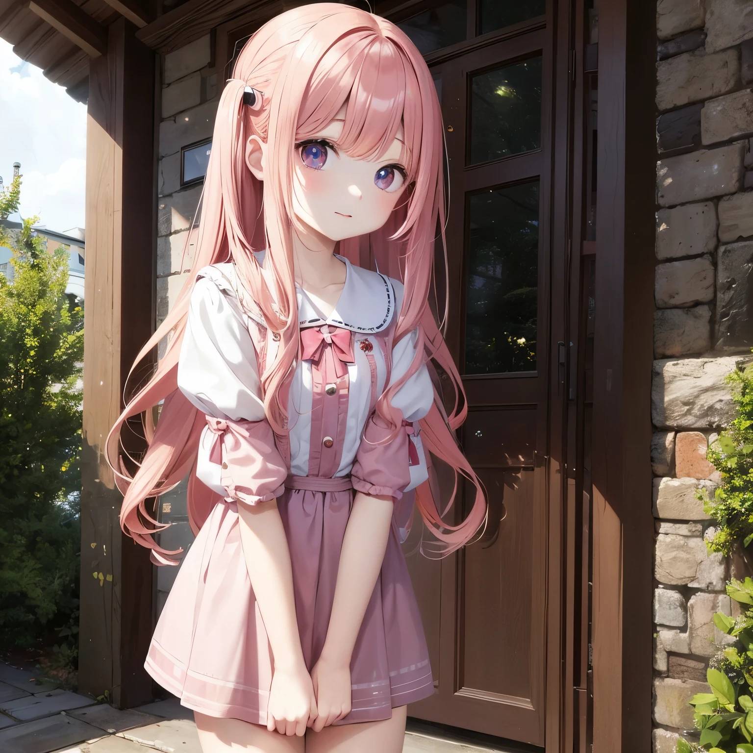 Young cute girl, long pink wavy hair, pale skin, British features, dressed in painter's clothes