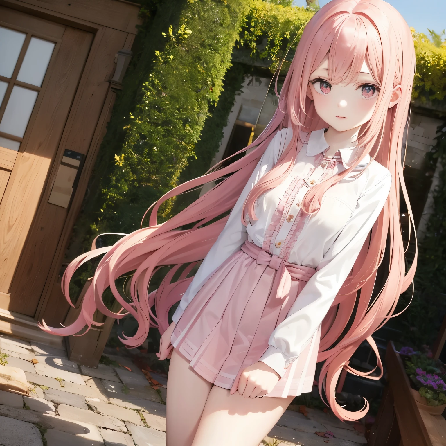 Young cute girl, long pink wavy hair, pale skin, British features, dressed in painter's clothes