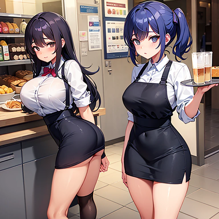 Chica sola, with cafeteria uniform, pechos gigantes, mirada sexy, in urban style cafe, pezones, big glutes, cuerpo completo, medias hasta el muslo,