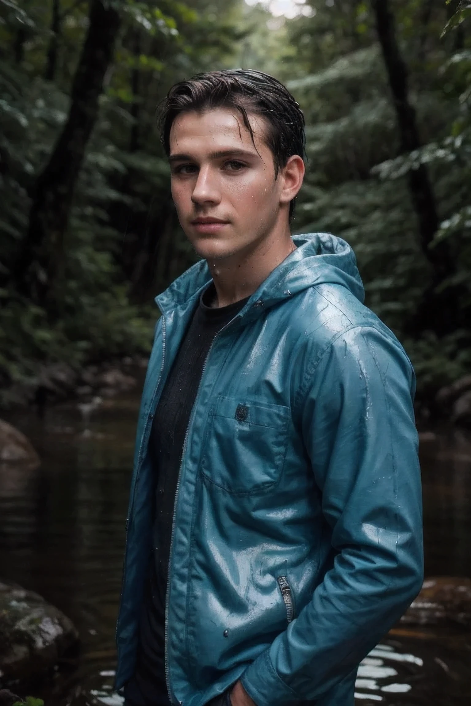 8k uhd, dslr, high quality , RAW photo, Amateur Photography posted to facebook ,Fujifilm XT3, Canon R5, Handsome Men, forest,rainny,night,wet