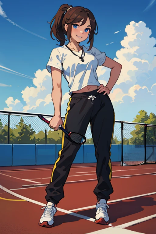 Masterpiece, high resolution, high quality, intricate details, full body portrait, front view, 37 year old woman, short brown hair, ponytail styled hair, blue eyes, medium breasts, perfect model body, ((Wearing: White Gym T-shirt, Black Gym sweat pants, whistle necklace and black tennis shoes)), smile, standing, hands on hips, looking at viewer, (Background: outdoors,  track field, blue sky, clouds in the sky),
