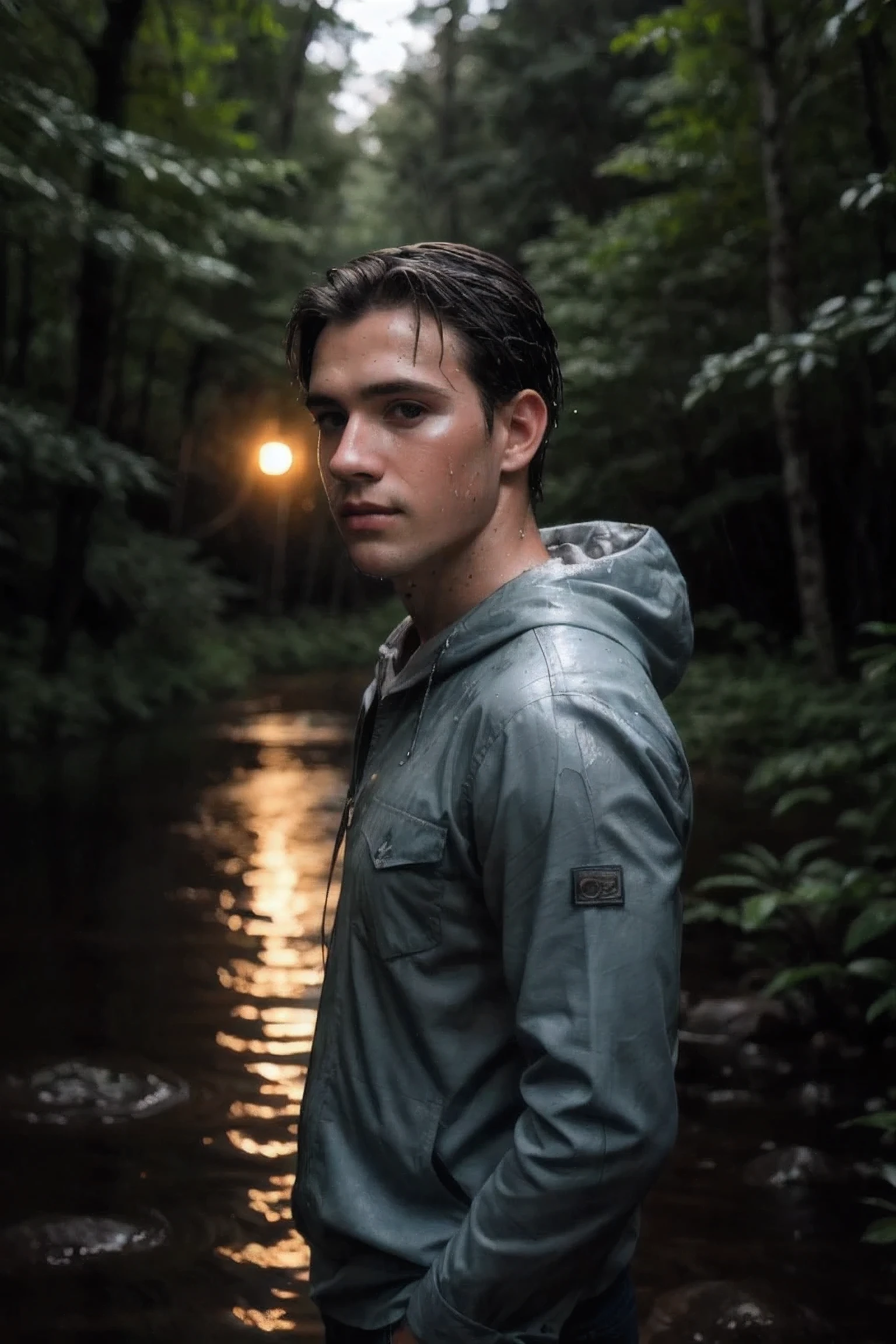 8k uhd, dslr, high quality , RAW photo, Amateur Photography posted to facebook ,Fujifilm XT3, Canon R5, Handsome Men, forest,rainny,night,wet