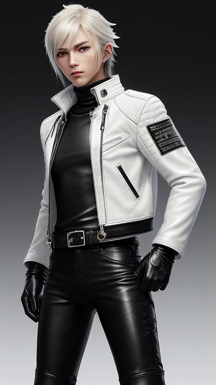 Final fantasy taste graphics, Japanese young cute and cool boy, thin eyebrows and beady eyes, he wearing shiny off white leather singlebrest jacket, with epaulet, jacket is zip upped, jacket pattern is a little black lines, jacket collar is high length stand-up collar with belt, also wearing black turtleneck, black leather pants,both hands black leather tight and thin glove, black leather knee-high raceup boots,show, show head-to-toe, whole body, final fantasy style、Handsome、Clear eyes and nose、((White single leather jacket))、((The jacket is long sleeved))、Black turtleneck、((Black leather pants))、((Black leather gloves on both hands))、((Black lace-up leather long boots))、View from head to toe in the distance、Bright image quality、Photo-realistic image quality and texture、((upright))