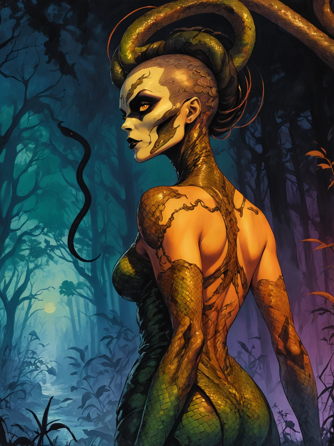 Medusa, splash page decompressed comic cover art, ink style figure, candid, snake skin dress, ((art style expressive Joelle Jones and "Sean Gordon Murphy" comic drawing)), wordless, cinematic poster, double exposure, optical illusion, image within image, abyss void black no visibility darkness, full length portrait, (background, pine barrens, entropy, rewilding, magic hour sunset, galaxy stars, cosmos), (horror, abstract, surreal, body, cosmic), body anatomy drawn Frederic Delavier musculature anatomical illustration, (face, ornate black metal corpse paint, resembles Grace Jones), (body, Naga, snakefolk, lower body snake tail, snake woman hybrid, bald, hairless, skeleton, snake skin tattoos, piercing eyes, snake pupils, over the shoulder), (colors, bleak muted deep fiery radiant glowing ROYGBIV, forest green, earth brown), craftsmanship nuance, (Gerardo Zaffino charcoal), subliminal orchids, nyctophobia, silhouette


