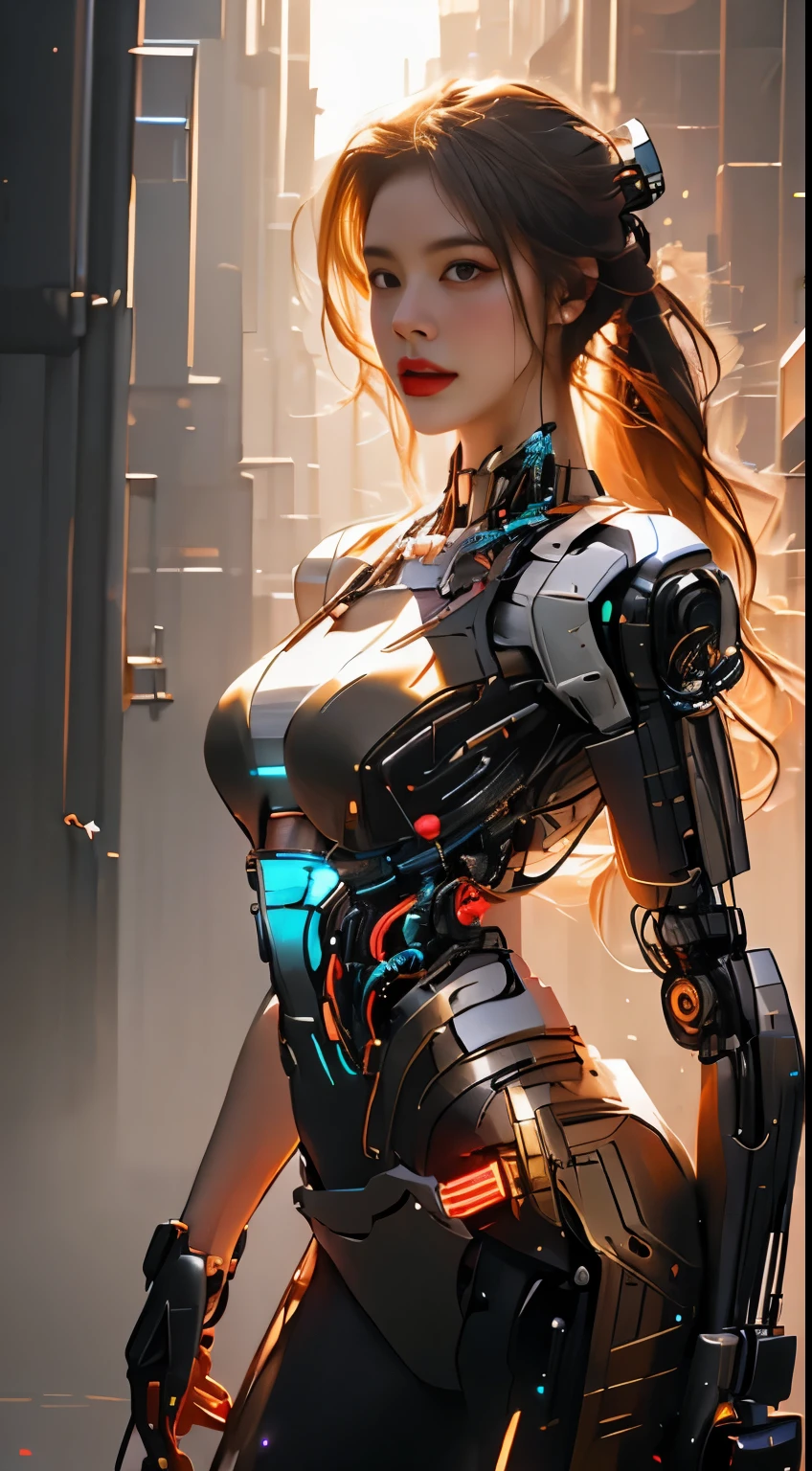Virtual image,Realistic 8K images,hips up,Masterpiece,Complete Anatomy,Complete dynamic composition,morning sun,Light hits the front,young woman with long brown hair,cybernetic robot,Bikini body - white_orange_gold_metal,,white tank top,Abstract city background at night