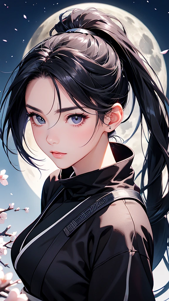 highest quality、Realistic、Night Sky、full moon、moonlight、cherry blossoms、Adult Woman、Japanese Zoom、look up、cute、Grey Eyes、Black Hair、ponytail、Female ninja、Ninja、In underwear、背中にNinja刀、Face close-up、slender