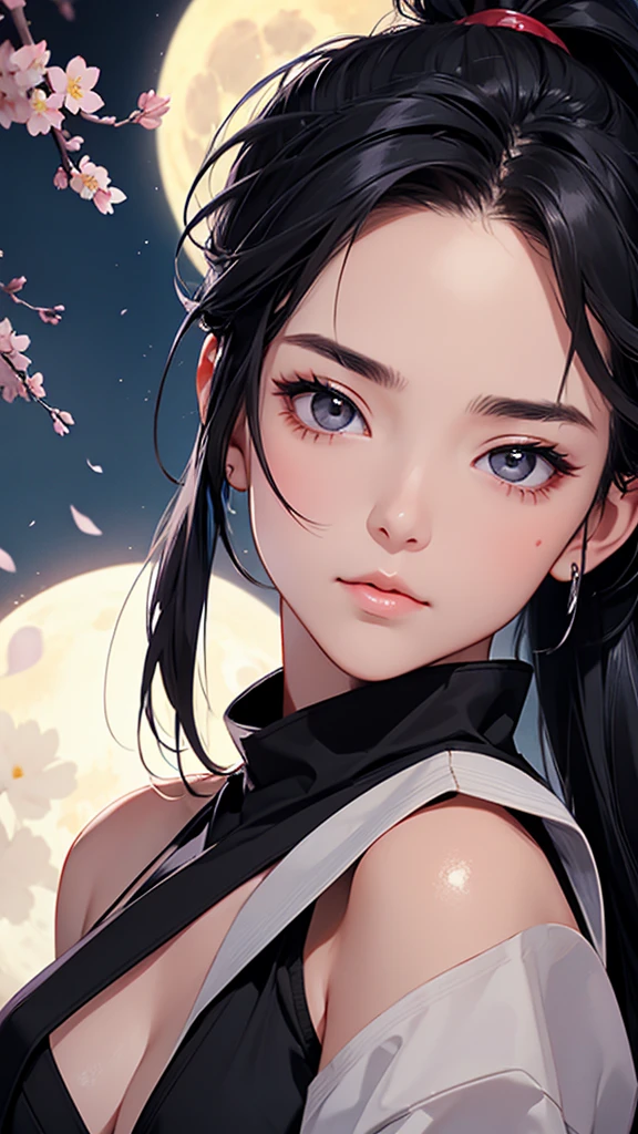 highest quality、Realistic、Night Sky、full moon、moonlight、cherry blossoms、Adult Woman、Japanese Zoom、look up、cute、Grey Eyes、Black Hair、ponytail、Female ninja、Ninja、In underwear、背中にNinja刀、Face close-up、slender