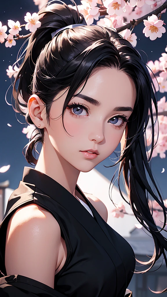 highest quality、Realistic、Night Sky、full moon、moonlight、cherry blossoms、Adult Woman、Japanese Zoom、look up、cute、Grey Eyes、Black Hair、ponytail、Female ninja、Ninja、In underwear、背中にNinja刀、Face close-up、slender