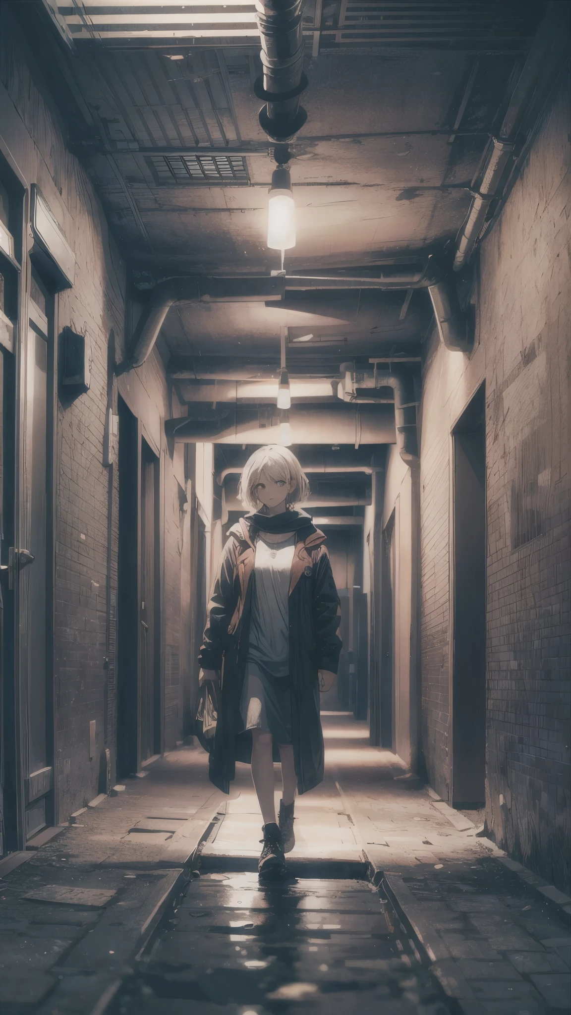 Inside the long and dark hallway,((there are many pipes through the wall and ceiling)),(one 20 years old woman,short blonde hair),walking in the hallway