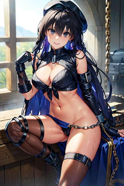 (Thynasha:1.2),dark blue hair,very long hair, purple eyes,(beautiful detailed eyes:1.0), extremely detailed face, perfect lighting, hair between eyes,bangs, (black beret, black jacket, open clothes, cleavage, midriff, black medium skirts,  black thighhighs, thigh strap, fingerless gloves, single glove:1.2), Photo,sharpness, F1.6 lens,hyper-realistic textures,spectacular light textures, Cinestil 800 Fashion Mechanics,(((Beautiful woman with left leg restrained by chains))),Appearance,Beautiful girl with accentuated slender abs: 1.1,six-pack abs: 1.1, Bust Botox,Standing on tiptoe, long legs,Long brown hair fluttering in the wind,Brown hair, Long hair, Female Warrior Costume,(No panties,No bra),(tacticul battle fashion,elbow and knee tacticul battle fashion, battle glove: 1.1),((cute batre costume)),The belly comes out and the navel is visible,Thin sheer costume, combat gloves,shredded costumes,cyber long combat boots with golden knee pads,Anatomical,(futuristic sci-fi battle fashion, new elbow and knee cyberpads, new cyberlong boots, new cybergloves: 1.1),(tied perfectly by iron chain:1.3), Restraint, Slave, collars, contempt, (Chained), 4 chains hung from heaven, Metallic shackles and fetters, wet crotch clearly visible,((Hands are restrained above the head)), the neck is chained,Chain from left knee to heaven,Chained by rusty iron chains,((the tip is protruding, areolas protruding,The shape of the pubic harearea is clearly visible:0.9)),Sweating,Wet,Wet crotch,Wet thighs,Junkyard, Realistic, (cute, perfect clothes, skimpy clothes, cute: 1.3) ,Vast miritary base in us,((wide mirtary hospital with summer sunlight)), peeling ceilings, Rebar between, Realistic material details, Extreme details, Ultra-realistic materials,narrow waist,(with sparkling eyes and a contagious smile:0.9),looking at viewer,