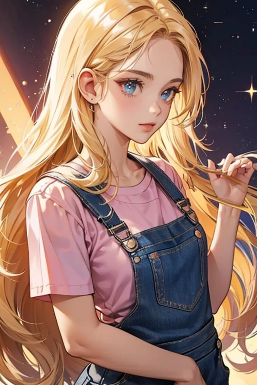 She is a tan who has long blonde hair. She wears blue overalls and a dark pink shirt. SPARKLE; GLITTER
