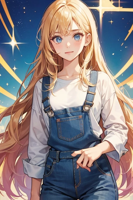 She is a tan who has long blonde hair. She wears blue overalls and a dark pink shirt. SPARKLE; GLITTER