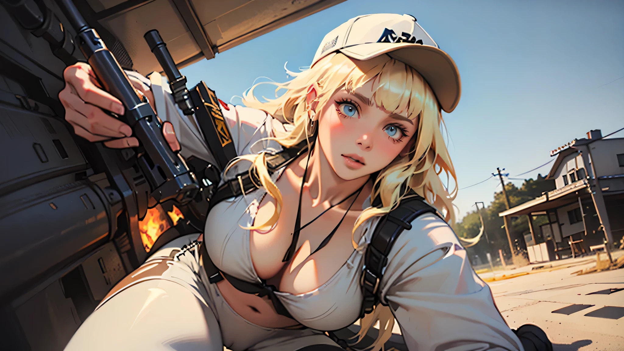 (masterpiece:1.2, highest quality), (realistic, photorealistic:1.4), beautiful illustrations, (natural side lighting, movie lighting), Depth of written boundary, looking at the viewer, (face focus, Upper body), Front view, 20 years old, perfect face, Cute symmetrical face, regretful expression, shiny skin, long eyelashes chest, thin, beautiful hair, beautiful face, fine and beautiful droopy eyes, beautiful clavicle, beautiful body, beautiful breasts, beautiful thighs, beautiful feet, beautiful fingers, 1girl, solo, (blond long hair:1.5), (blunt bangs), (white skin color), blush, hiding in the city of battle ground, (no bra:1.5), see-through white shirt, short shirt, yoga pants, (cameltoe:1.5), backwards baseball cap, kneeling, spread legs, looking at viewer, from below, (hold a armament in the form of a device capable of launching a rocket:1.5), movie sceen