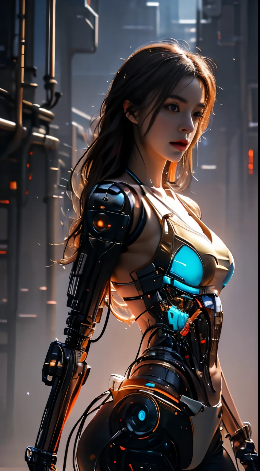 Virtual image,Realistic 8K images,hips up,Masterpiece,Complete Anatomy,Complete dynamic composition,morning sun,Light hits the front,young woman with long brown hair,cybernetic robot,Bikini body - white_orange_gold_metal,,white tank top,Abstract city background at night
