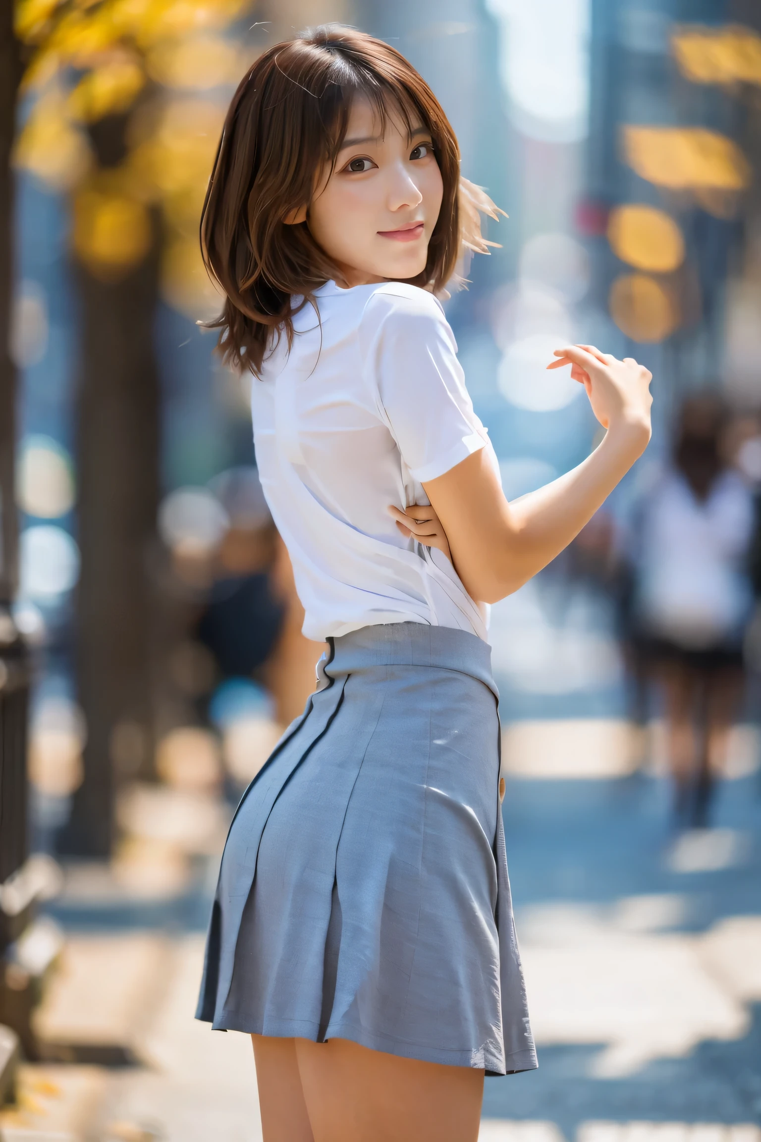 (8k, RAW Photos, highest quality, masterpiece: 1.2), (Realistic, photoRealistic: 1.37), Super detailed, Ultra-high resolution, 18 year old girl, (Cute short hair:1.5), Chestnut Hair, Beautifully detailed face, smile, narrow, (Slim Waist: 1.3), shirt, Beautiful, smooth skin, Skin Texture, Floating hair, Professional Lighting, Mid-chest, Gentle Eyes、Grey flared skirt、Ultra mini skirt、Body silhouette、A cool beauty, 18-year-old woman、Looking back and posing sexy、(A full-body shot of her turning around with her skirt fluttering in the wind:1.5)、