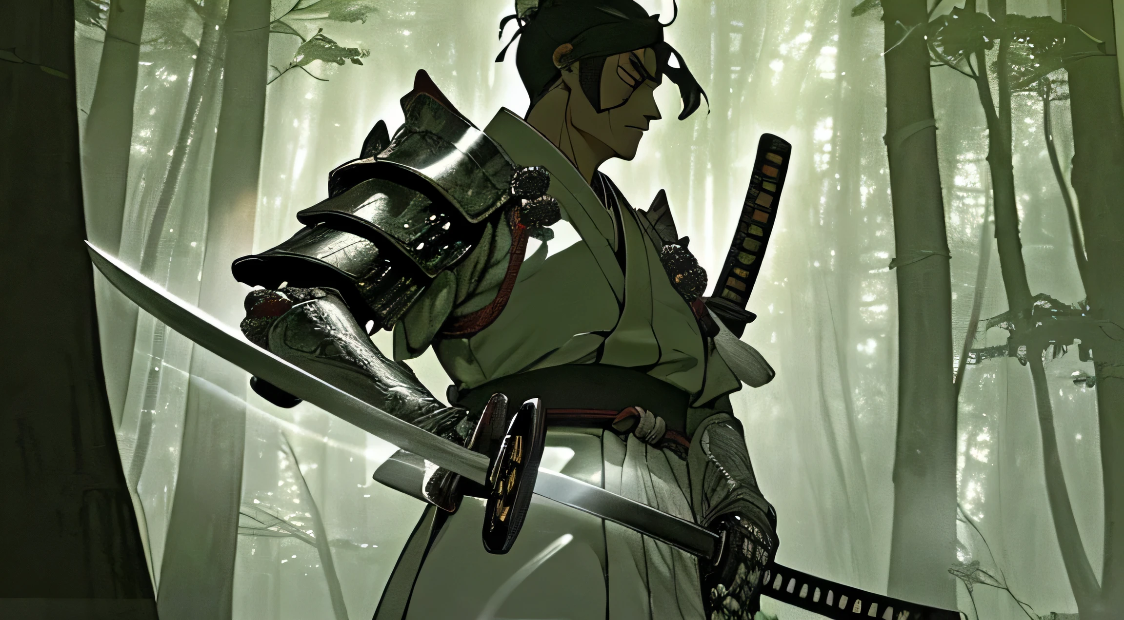 A Japanese samurai in a dense and mysterious forest, clad in detailed armor, holding a katana amidst fog and rays of light filtering through the trees, creating an atmosphere of suspense and determination.