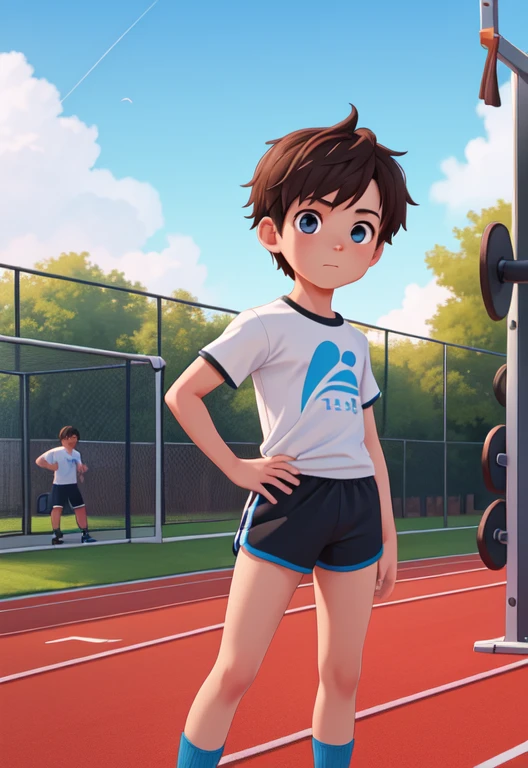 Masterpiece, high resolution, high quality, intricate details, full body portrait, front view, 1boy, solo, 14 years old boy, teenage male, short brown hair, blue eyes, looking at viewer, worried and uneasy expression, ((Wearing: White Gym T-shirt, Black Gym shorts, and blue sneakers)), standing, hands on hips, looking at viewer, (Background: outdoors, middle school track field, blue sky, clouds in the sky), (acclaimed, alluring, captivating, exciting, gorgeous, striking:1.3), (trending on CGSociety, trending on pixiv, contest winner:1.3)
