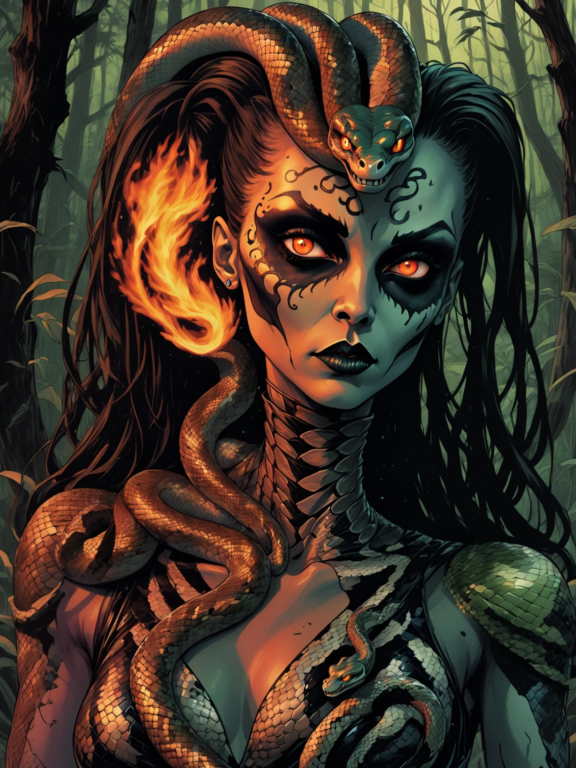 Medusa, splash page decompressed comic cover art, ink style figure, candid, snake skin dress, ((art style expressive Joelle Jones and "Sean Gordon Murphy" comic drawing)), wordless, cinematic poster, double exposure, optical illusion, image within image, abyss void black no visibility darkness, full length portrait, (background, pine barrens, entropy, rewilding, magic hour sunset, galaxy stars, cosmos), (horror, abstract, surreal, body, cosmic), body anatomy drawn Frederic Delavier musculature anatomical illustration, (face, ornate black metal corpse paint, resembles Grace Jones), (body, Naga, snakefolk, lower body snake tail, snake woman hybrid, bald, hairless, skeleton, snake skin tattoos, piercing eyes, snake pupils, over the shoulder), (colors, bleak muted deep fiery radiant glowing ROYGBIV, forest green, earth brown), craftsmanship nuance, (Gerardo Zaffino charcoal), subliminal orchids, nyctophobia, silhouette