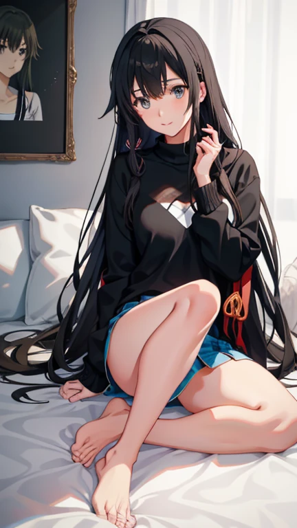 Yukino Yukinoshita, pelo largo, pecho mediano, escote, ombligo, Piernas delgadas, pelo negro, blue eyes, falda corta, , calcetines hasta el muslo