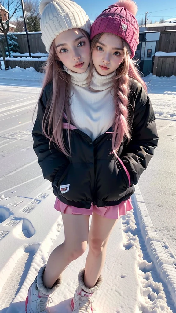 best resolution, 2 heads, Australian model girl two heads, 19 years old, youthful, wearing a pink sports outfit posing in the snow with her hands on her head, covered in snow, in the snow, only snow in the background, standing in the snow, full body, wearing pink tight clothing, snow on the body, with pink beanie on head, outside in snow snowing, comfy, full body shot