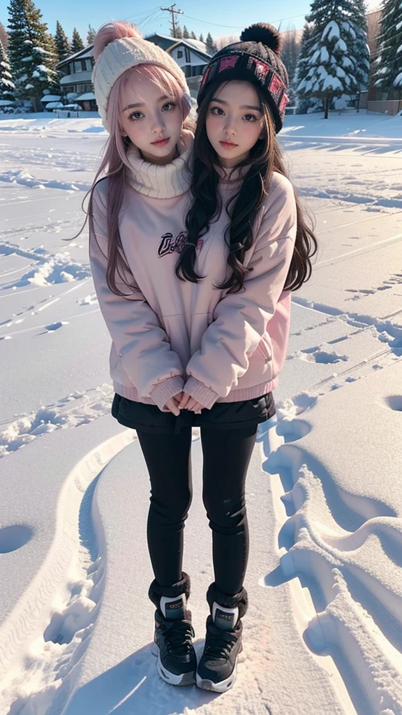 best resolution, 2 heads, Australian model girl two heads, 19 years old, youthful, wearing a pink and black outfit posing in the snow with her hands on her head, wearing pink and black tight clothing, snow on the body, with black beanie on head, outside in snow snowing, comfy, braided hair, blonde hair, red hair, black hair, different hair colors, full body shot